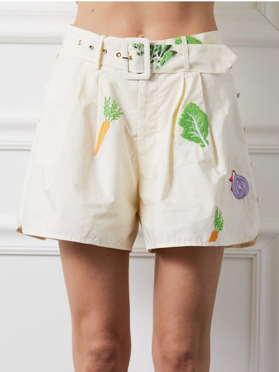 Ciebon Pants - Ciebon Cream Berta Embroidered Veggie Belted Shorts Highwaist Casual XL NWT